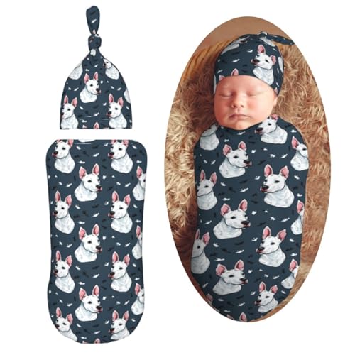 Image of Bull Terrier Dog Newborn Swaddle Blankets Hat Sets Soft Baby Receiving Blanket Swaddle Sack for Baby Shower Infant Boy Girl Gift