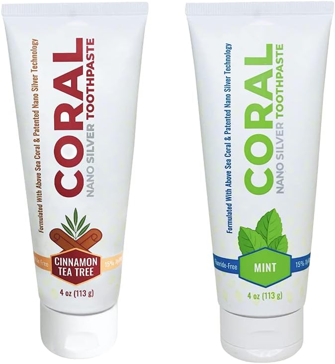 Coral Nano Silver Flavor Bundle Natural Fluoride Free Teeth Whitening Xylitol Toothpaste, Coral Calcium Nano Silver Infused SLS Free 4 Ounce (Mint Cinnamon Tea Tree Bundle)