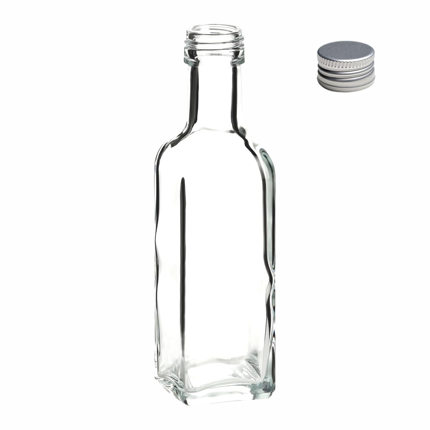 gouveo Set 48 bottiglie in vetro 100 ml Maraska con tappo a vite argento - bottiglia piccola 0,1 l per riempimento - bottiglia quadrata vuota per liquore, olio (MFET100S)