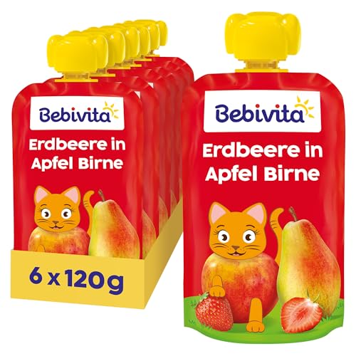 Bebivita Erdbeere in Apfel Birne Quetschie (6 x 120g) ohne Zuckerzusatz glutenfrei ideal für unterwegs und selbständiges Snacken