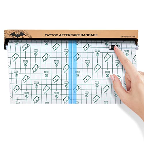 Image of Tattoo Aftercare Bandage Roll, with Sliding Cutter 10 Inch x 2.2 Yards | Transparent Protective Film, Waterproof, Breathable, Stretchable Wrap, Tattoo Protection, 10 x 79 Inch