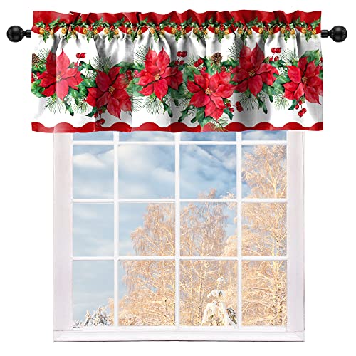 Christmas Poinsettia Kitchen Curtain Valances Red And Green Blooming Small Window Valances With Rod Pocket Merry Xmas Bedroom Bathroom Laundry Short Curtains Decoration, 52X18Inch #TOP4