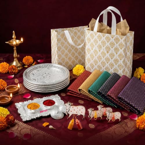Image of Habba Traditional Return Gift Combo with Blouse Piece, Cow Kumkum, Silver Kumkum Box, Silver Plate & Laminated Bag for Women, Haldi Kumkum & Tambulam Gifts, Diwali, Navratri, Weddings - Pack of 1 Set