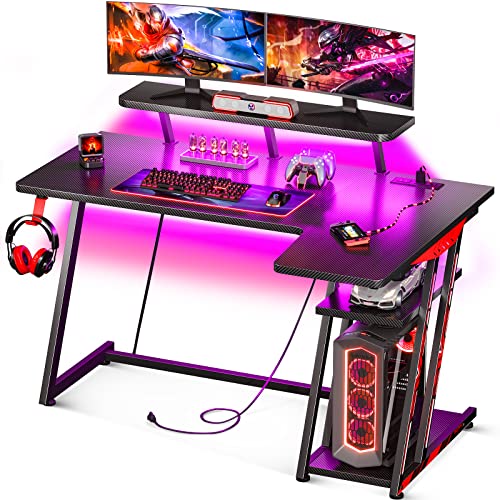 Motpk L Shaped Gaming Desk With Led Lights, Corner Gaming Computer Desk 47Inch With Power Outlets, Gaming Table With Pc Storage Shelf, Gamer Desk With Monitor Shelf, Carbon Fiber Texture, Black #TOP10