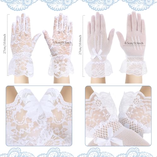 4 Pairs Tea Party Gloves for Little Girls Kids Lace Short White Satin Princess Dressing Gloves with Bows for Party4
