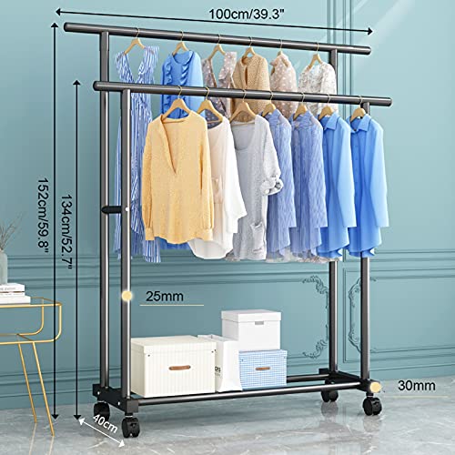 Portant à vêtements robuste double rangée avec étagère basse pour le rangement de maison