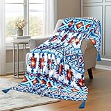 MACEVIA Flannel Boho Blanket for Couch, Country Western Aztec Blankets for Home Decor, Southwestern Colorful Throw Blanket with Tassel, Soft Cozy Bohemian Blanket for Bed (Boho Blue, 50x60inches)