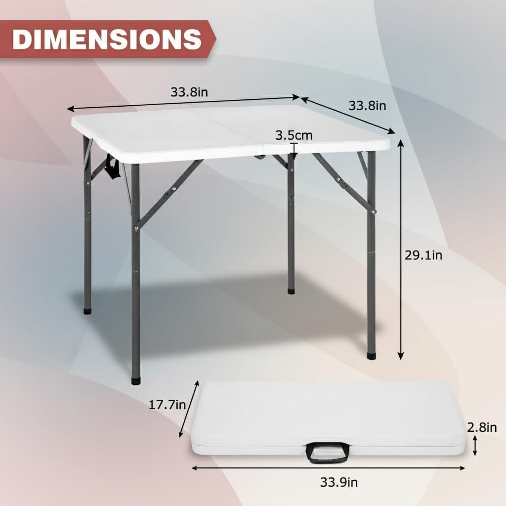 Bigacc 34" Folding Card Table, Heavy Duty Plastic Square Table - Handle & Lock& Portable，for Camping, BBQ, Party (Square, White)