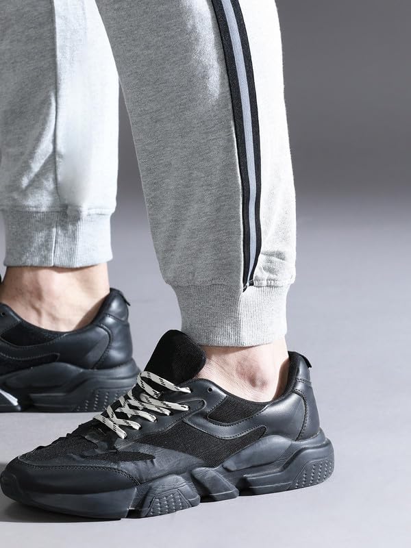 Image of CROCODILE Men Solid French Terry Joggers | Classic Fit | Mid Rise | Drawstring Closure | Ankle Length | Casual Wear Navy Melange