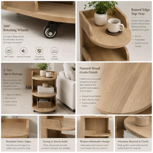 Image of The Attic Solid Wood Rolling Serving Trolley with Storage Shelves, Bar and Kitchen Serving Trolley, Natural Finish