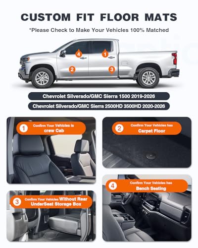Image of Floor Mats for 2019-2026 Chevy Silverado 1500 & GMC Sierra 1500, 2020-2026 Silverado /Sierra 2500HD 3500HD Crew Cab, Bench Seat, Carpet Floor, Without Rear Under-Seat Storage, TPE Floor Liners