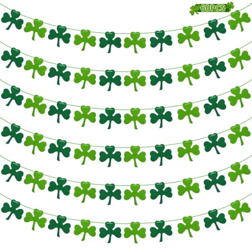 60PCS St Patricks Day Shamrock Garland 9.8 FT Felt Clover Banner DIY Assembly Required with Adjustable Spacing Dark & Light Green Irish Party Decoration for Indoor Outdoor