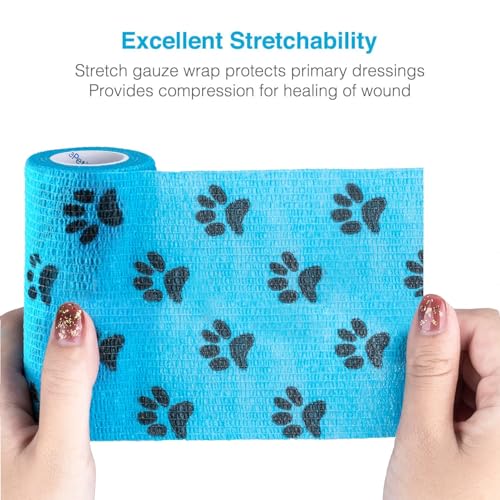 Image of WePet Pet Wrap, Self-Adhesive, Only Sticks to Itself, Non-Woven Tape for Dog Legs, Paws, Wounds, First Aid Cohesive Gauze for Horse, Cat, Bird, Animal, 6 Rolls, 4 Inch, Pawprints A