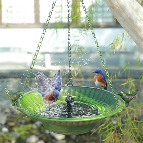 Image of 13 inch Hanging Bird Bath with Solar Fountain,Metal Solar Bird Bath (Green) | Hanging Solar Bird Bath,Birdbath Bubbler ,Hanging Bird Bath for Outdoors Garden, Patio & Yard.