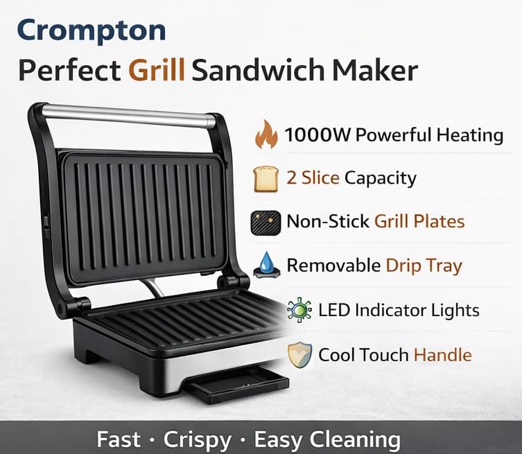 Image of Crompton ACGT-MAXCRISP2S 1000W Grill Sandwich Maker | 2 Slice Capacity | Non-Stick Grill Plates | LED Indicator | Removable Drip Tray | Non-Skid Feet | Silver (2 Slice)