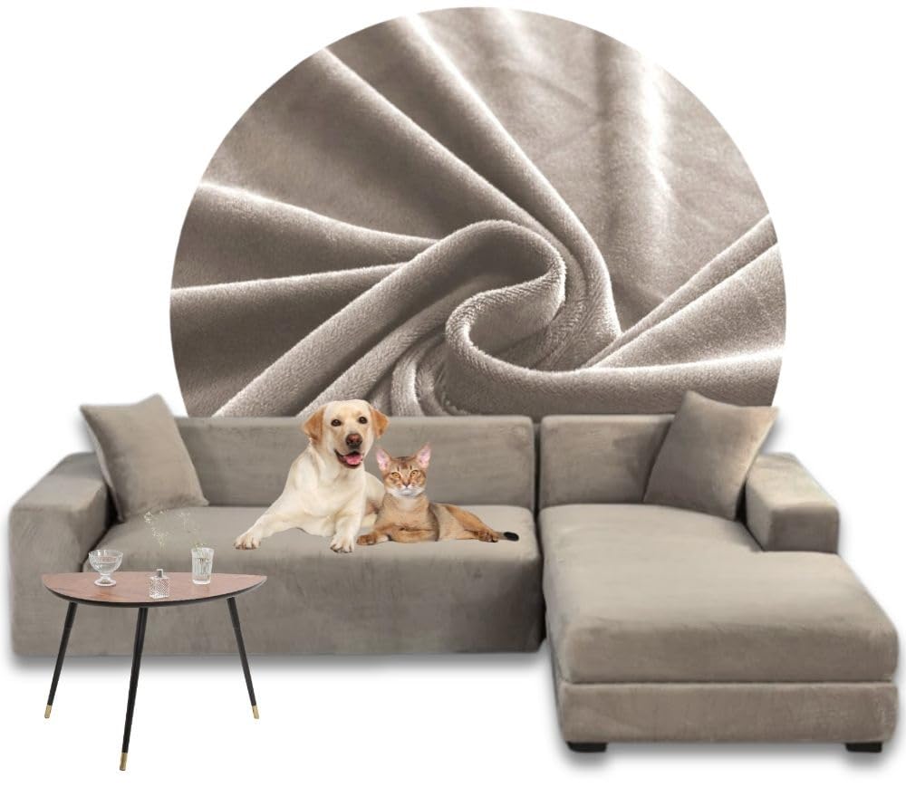 Sofa Überzug L-Form – Elastischer Samt Couchbezug, Weich und Wasserdicht – Couch Überzug für 2/3 Sitzer, Universal Sofaüberwürfe mit Anti-Rutsch-Schaumstoffe, Beige, Rechts