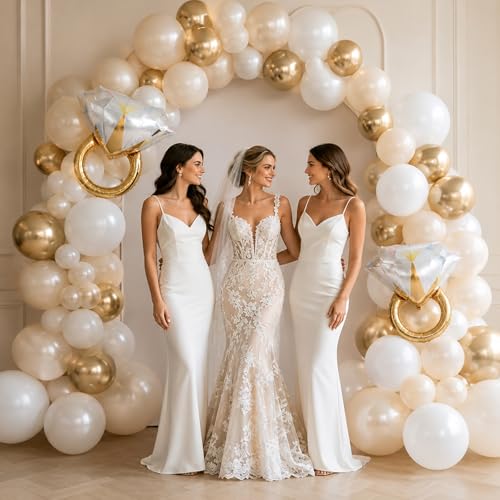 Image of White and Gold Balloons, 35 Pcs 12 Inch Sand White Metallic Gold Balloons | with 2 Pcs Diamond Ring Foil Balloon for Boho Wedding Engagement Bride Shower Anniversary Party Decorations