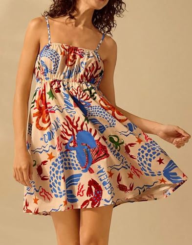 Image of NUFIWI Women Boho Graffiti Cami Mini Dress Spaghetti Strap Printed A Line Short Dress Backless Cut Out Colorful Sundress