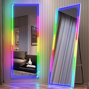 LVSOMT RGB Ganzkörperspiegel mit Beleuchtung, 153x50cm Standspiegel Ganzkörperspiegel Ohne Rahmen, LED Wandspiegel Groß für Schlafzimmer Wohnzimmer, 7 Dynamische Modi und 7 Farben Licht, Weiß