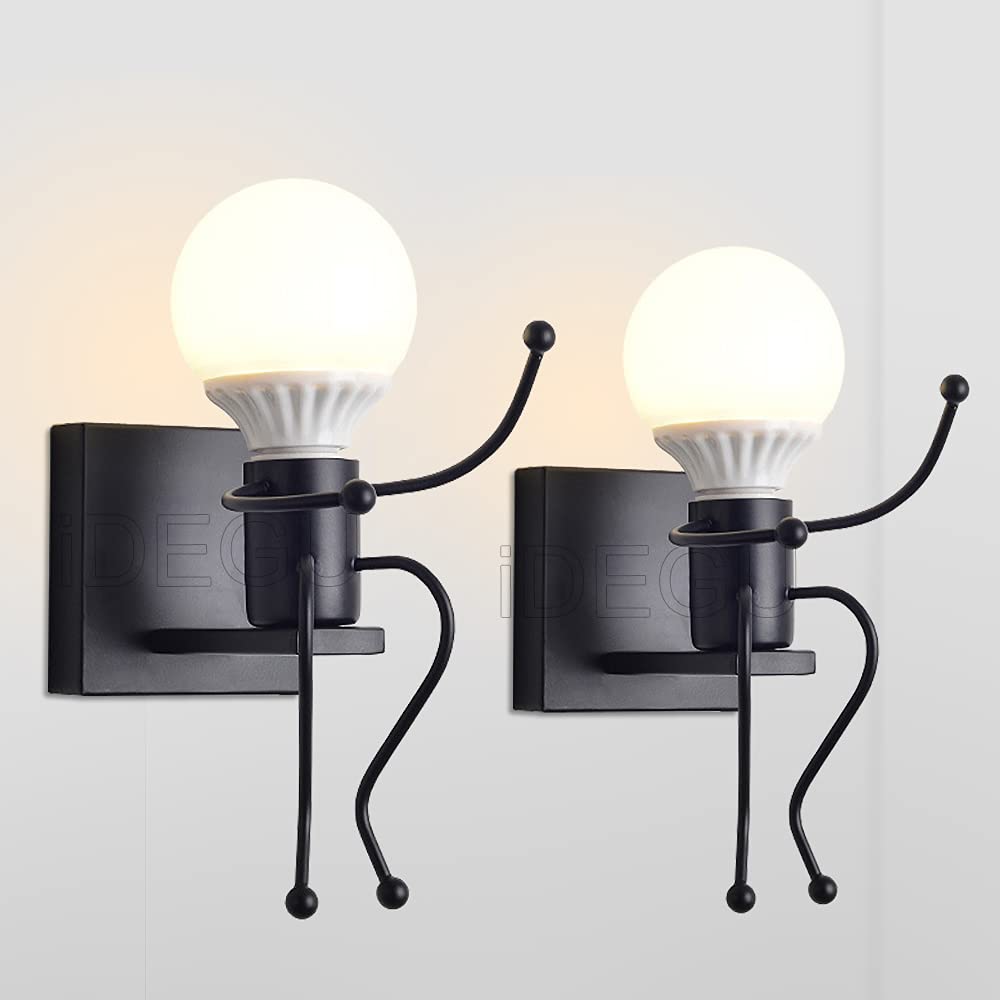iDEGU 2 Pack Applique Murale Moderne Lampe Murale Style Humanoïde Créatif LED Luminaire Décoration Applique Intérieure pour Chambre d'enfants Salon Couloir (Noir)