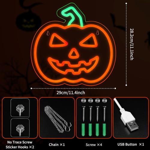 Image of MissAudrey Halloween Light Up Pumpkin Neon Sign, Neon Sign Halloween Window Hanging Lights, Green Orange Acrylic Thanksgiving Art Wall Fall Decor for Home Bedroom Bar Pub Club Party,5V USB Powered