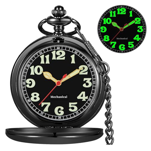 Alwesam Pocket Watch Hand Wind Mechanical Luminous Arabic Numerals with Chain&Box Best Gift(Black)