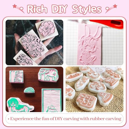 Tampon en Caoutchouc à Graver Kit Bricolage avec Blocs Rose et Gouges - 3