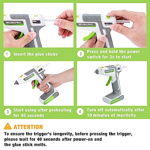 WORKPRO Cordless Glue Gun 7.2V with 20pcs Glue Sticks (7x100mm), Fast Preheating Hot Glue Gun with 2000mAh Lithium-ion Battery, Automatic-Power-Off Glue Stick Gun for Crafting with Indicator Lights - Image 6