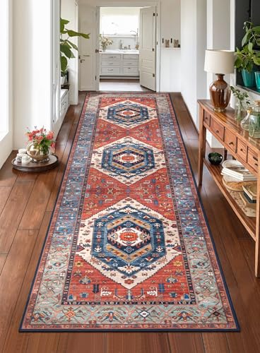 SERISSA Runner Rug for Hallways, 2'6"x8' Washable Non Slip Boho Kitchen Runner Rug, Vintage Rust Ultra Soft Print Distressed Tribal Floor Carpet for Bedroom Bathroom Laundry Room