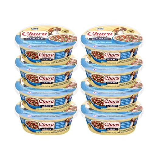 INABA Churu Complete in Gravy for Dogs, Grain-Free, High Protein, Wet Dog Food with Fish Oil, 9.5oz. Cup, 8 Cups, Chicken with Vegetables & Cheese Recipe