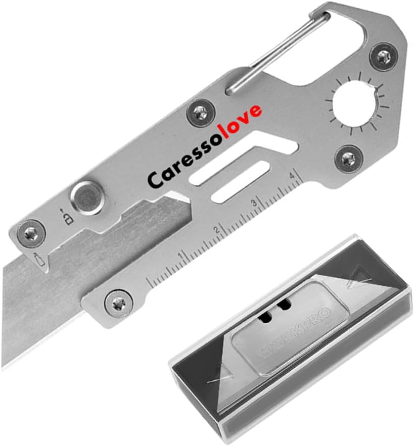 Caressolove 6-in-1 Razor Blades Utility Knife, Retractable Box Cutter, Multitool Knife with Bottle Opener, Hex Wrench, Rule, Water Compass, Cardboard Cutter Small Pocket Knife, 10 Extra Blades