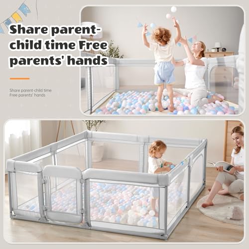 Image of Baby Playpen,Extra Large Playpen for Babies and Toddlers, Sturdy Play Pen Play Yard with Safety Gate,79 inchx59 inchBaby Play Pen(Light Grey)