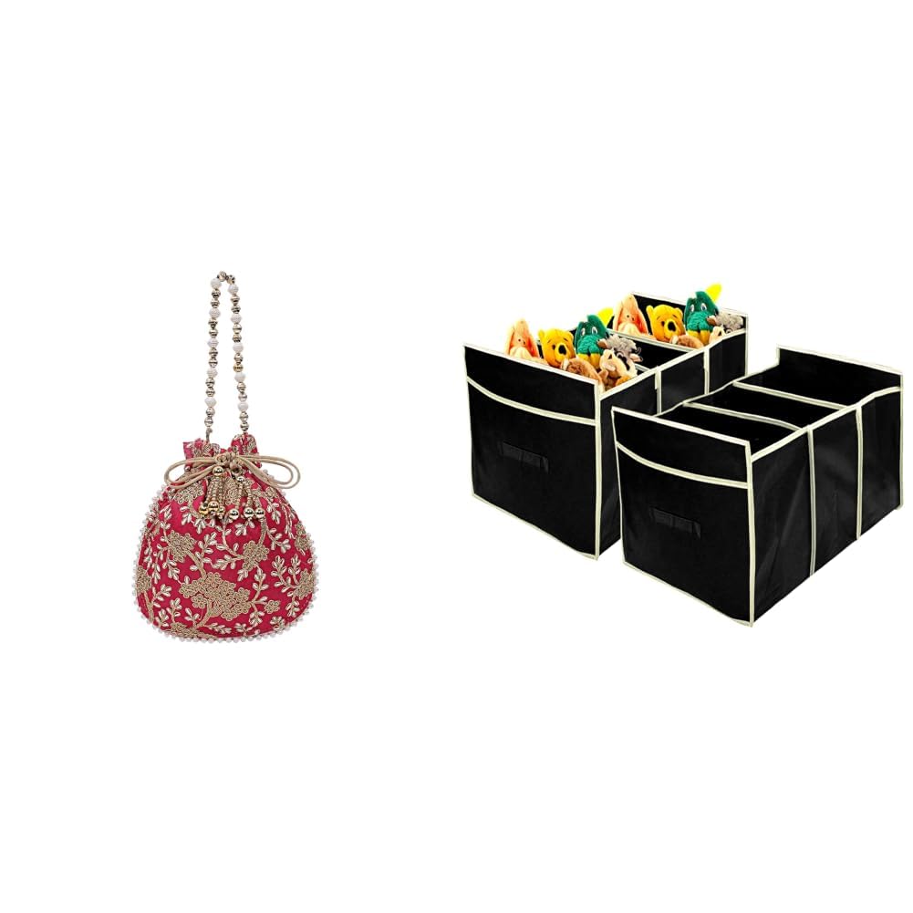 Embroidery Drawstring Potli|Hand Purse With Gold Pearl Border & Handle For + Collapsible Portable Heavy Duty Cargo Trunk Organizer with 3 Compartments (Black)-image-48