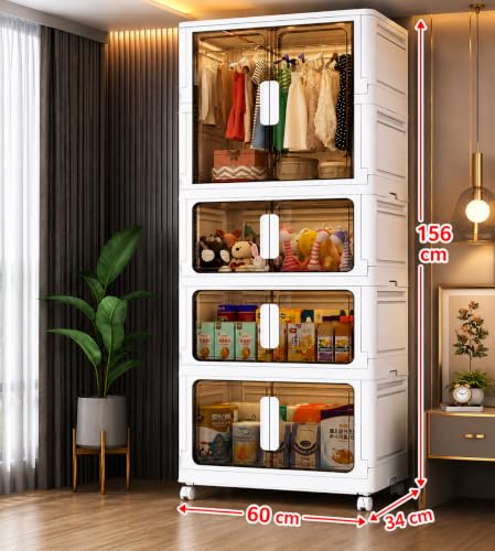 Image of EXVITO Modular Plastic Wardrobe for Bedroom | 3 Tier+1 Bins Foldable Cupboard with Hanging Rod | Stackable Storage Almirah for Clothes with Wheels | Multi-Layer Plastic Storage Cabinet - White