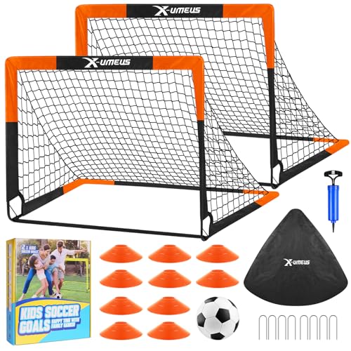 Kids Soccer Goals for Backyard Set- 2 of 6X4/ 4X3 ft Toddler Soccer Goal Training Equipment with Soccer Ball, Ladder, Pop Up Soccer Net for Kids Age 3-5 4-6 6-8 8-12 10-12 Outdoor Games Sports Gift