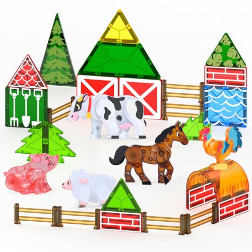 Oriate Farm Animals Magnetic Tiles, Movable Joint Farming Animals Magnetic Building Blocks Magnet...