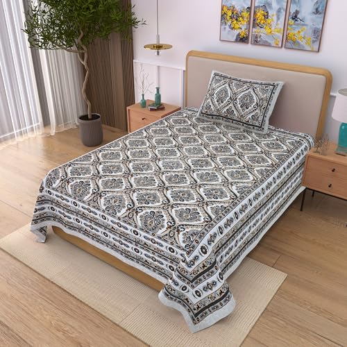 Image of 100% Cotton Single Bedsheet with 1 Pillow Cover | 240 TC Pure Cotton Flat Bed Sheet | Traditional Jaipuri Printed Bedding Set | Soft & Breathable | 60 x 90 Inch (Rangmahal Single 27)
