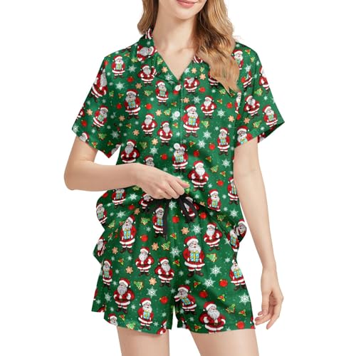 Image of Funny Satin Pajamas Set for Women Button Down Sleepwear Print Pjs Set 2 Piece Short Sleeve Loungewear Gift for Women