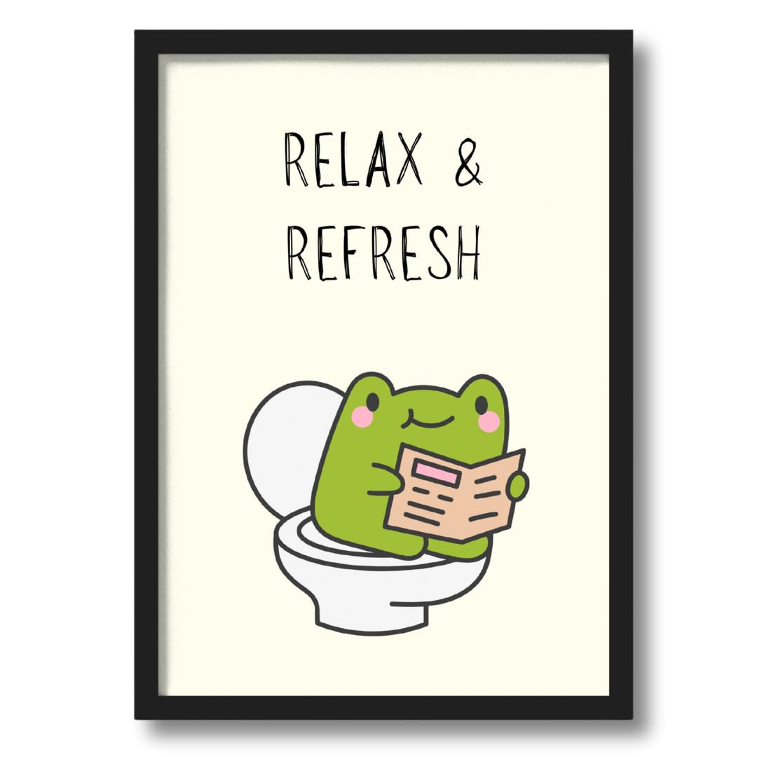 ArtAction Relax & Refresh Wall Frame Poster | Funny Bathroom Decor for Home, Restroom | A4 Size | Cute Frog Toilet Art | Housewarming Gift for Friends & Family