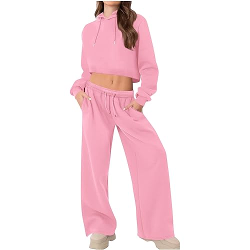 2 Piece Sets for Women 2025 Fall Outfits Tracksuit Long Sleeve Cropped Sweatshirt Wide Leg Pants Matching Set