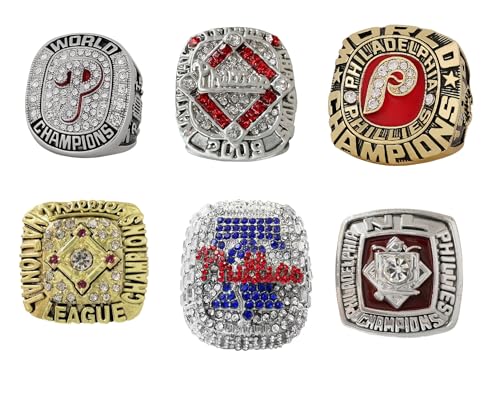 RyDdpz GIFT SET PHILADELPHIA COMMEMORATIVE RINGS FOR 6-TIMES BASEBALL CHAMPIONSHIPS, 6 RINGS SET WITH 6-HOLE WOODEN DISPLAY BOX PACKAGING, HOLIDAY GIFT FOR BASEBALL FANS