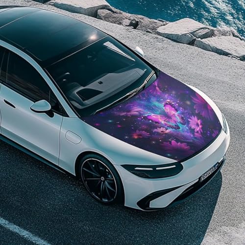 Image of Purple Butterfly Prints Car Hood Cover Stretch Polyester Protector for Car Hood Removable Automotive Accessories for Most Automotive Sedans Trucks Pickup SUVs