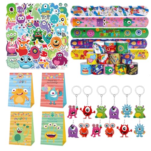 Set de 86 monstres pour fêtes, monstres à thème, décoration pour fêtes d'anniversaire, avec porte-clés, sachets cadeaux, rubans à cliquet, pour garçons et filles