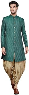 kisah Men's Sherwani Dhoti Set, Indo-Western Green Silk Blend, Woven Design Regular Fit Mandarin Collar Long Sleeves-picture-55