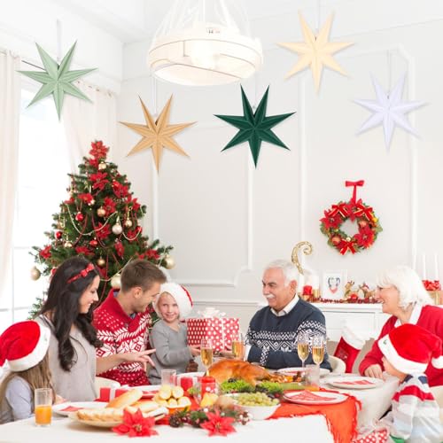 Image of 12 Inches 5 PCS Sage Green Paper Star Lanterns Hanging Stars Christmas Party Decorations Hanging Lampshade Christmas Wedding Birthday Christmas Home Party Decorations(7 Pointed)