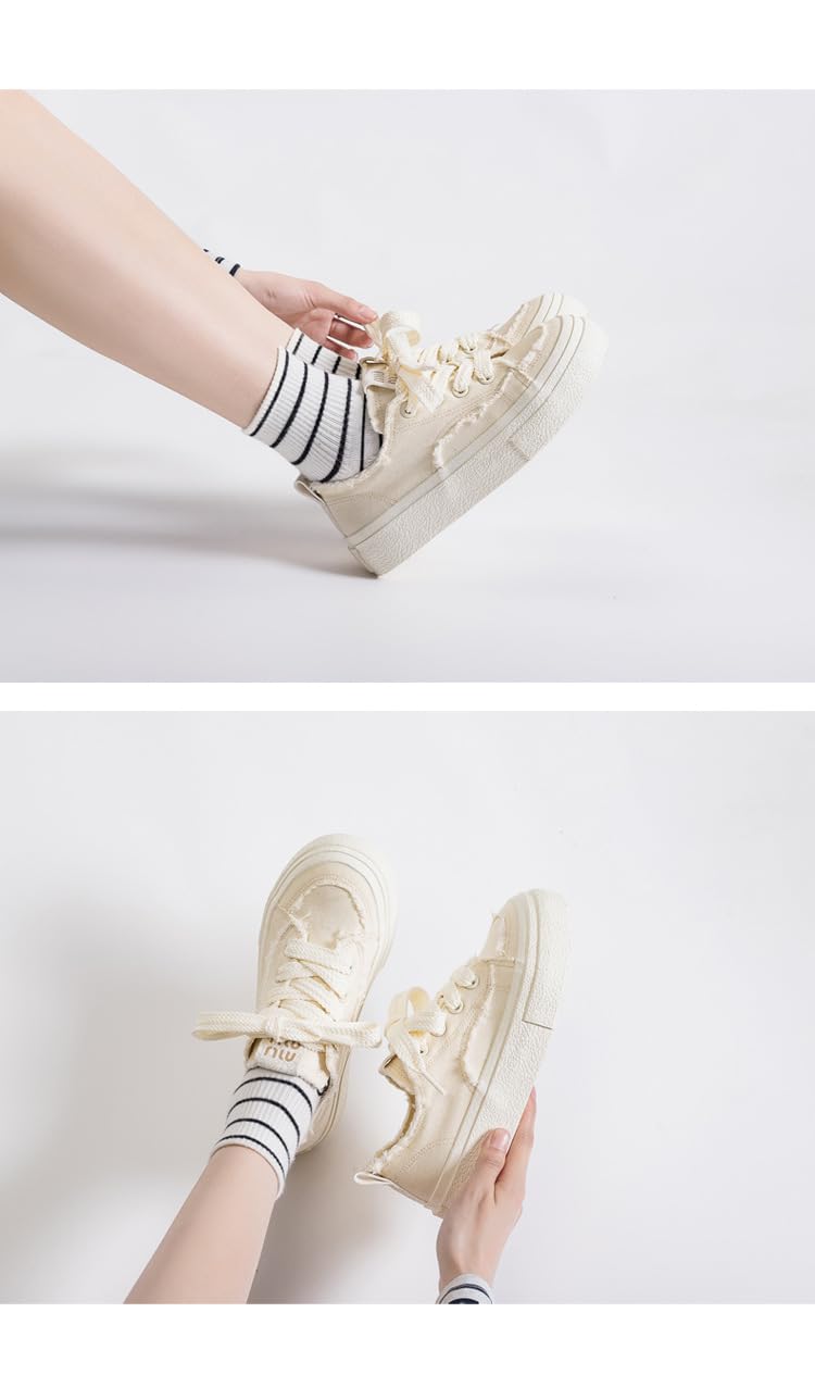 Women's Canvas lace-up Sneakers, Solid Color Casual Skateboard Canvas Shoes (Off-White,8.5)
