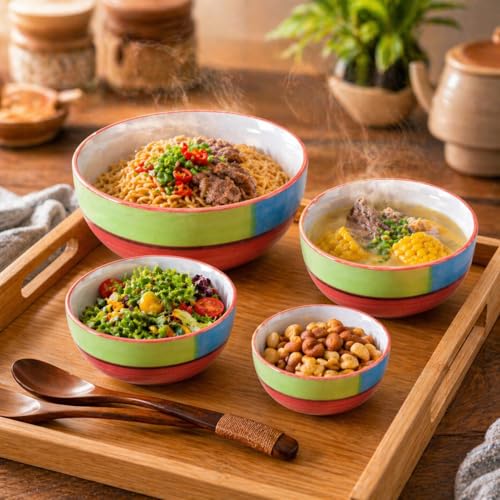 Image of Ceramic Mixing Bowl Set - 4 Pieces (1500ml, 800ml, 600ml, 400ml), Red Multi - Durable, Microwave & Dishwasher Safe - Ideal for Mixing, Serving & Storage