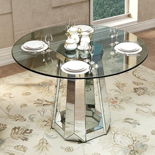 Henf Luxury Round Glass Dining Table for 4-6, Silver 47' Glass Kitchen Table with...