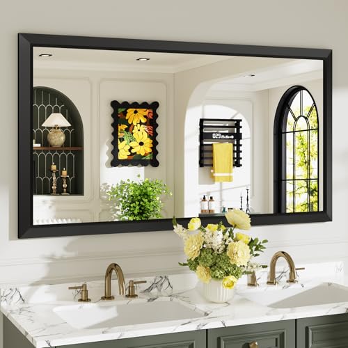 Image of 55x30 Inch Black Bathroom Mirror for Wall, Beveled Framed Rectangle Bathroom Vanity Mirrors for Over Sink, Bedroom, Living Room, Entryway, Anti-Rust, HD Tempered Glass, Horizontally /Vertically