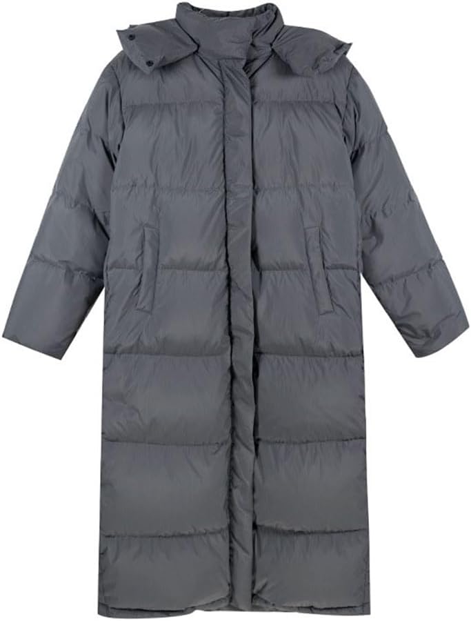 Gray Long Down Jacket Women Winter Thickened Loose Type Hooded